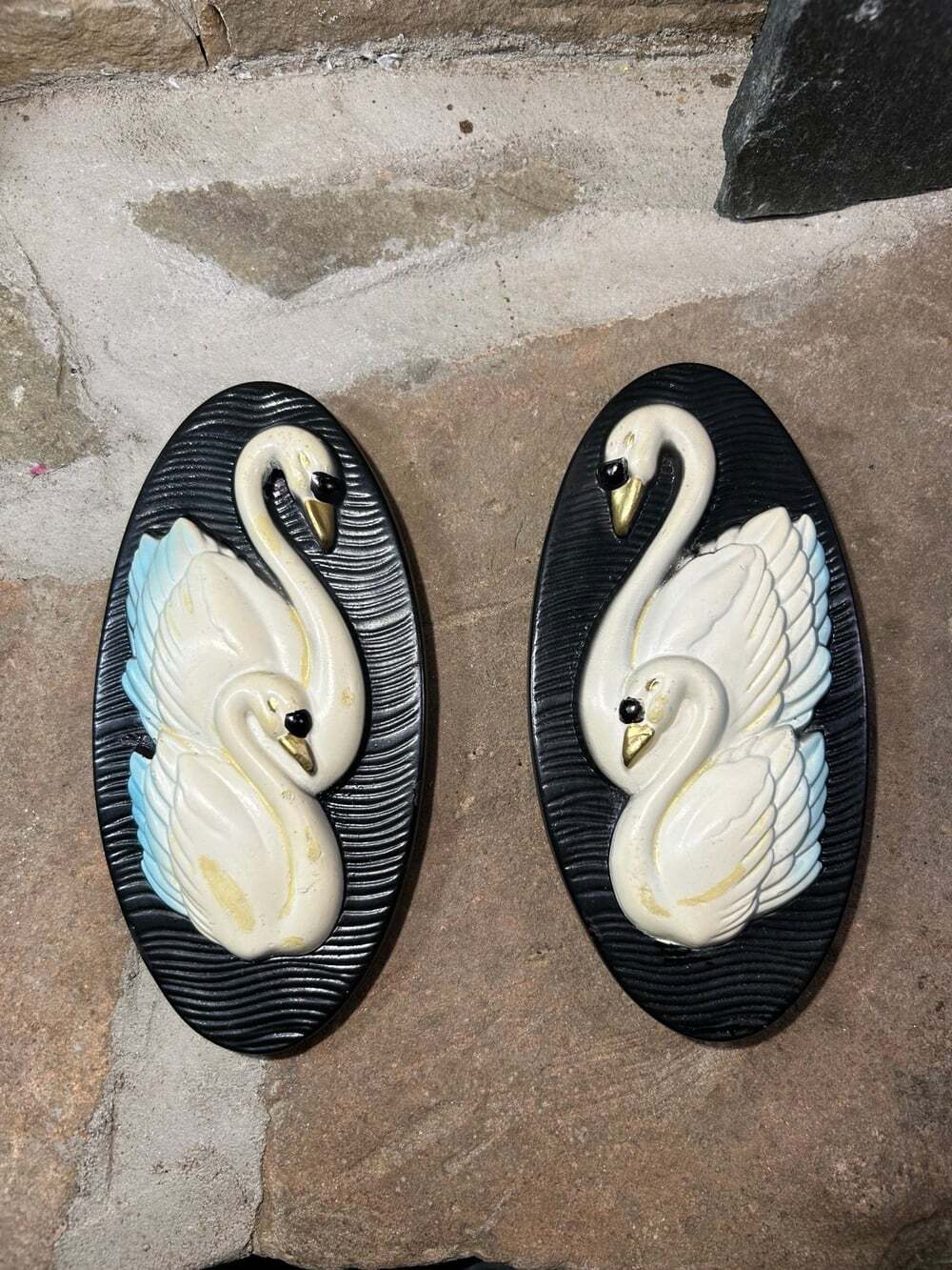 Miller Studios Swans Chalk Ware Wall Hangings Set of two white on black READ